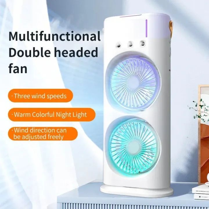 Rechargeable Automatic Rotating Dual Double Spray Mist Fan with Lightening Effects