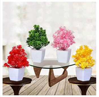 Pack of 4 Mini Plant Artificial Decoration Piece with pot Best for home & Office Decoration purpose