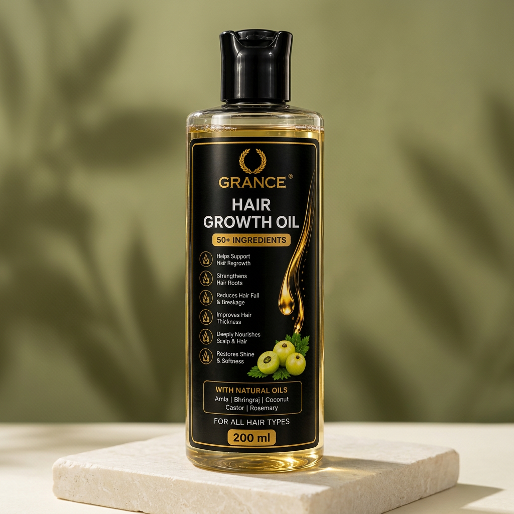 Grance Hair Growth Oil 200ml bottle, cream stone platform aur olive background ke saath
