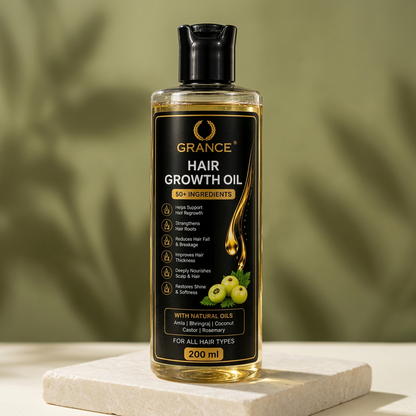 Grance Hair Growth Oil 200ml bottle, cream stone platform aur olive background ke saath