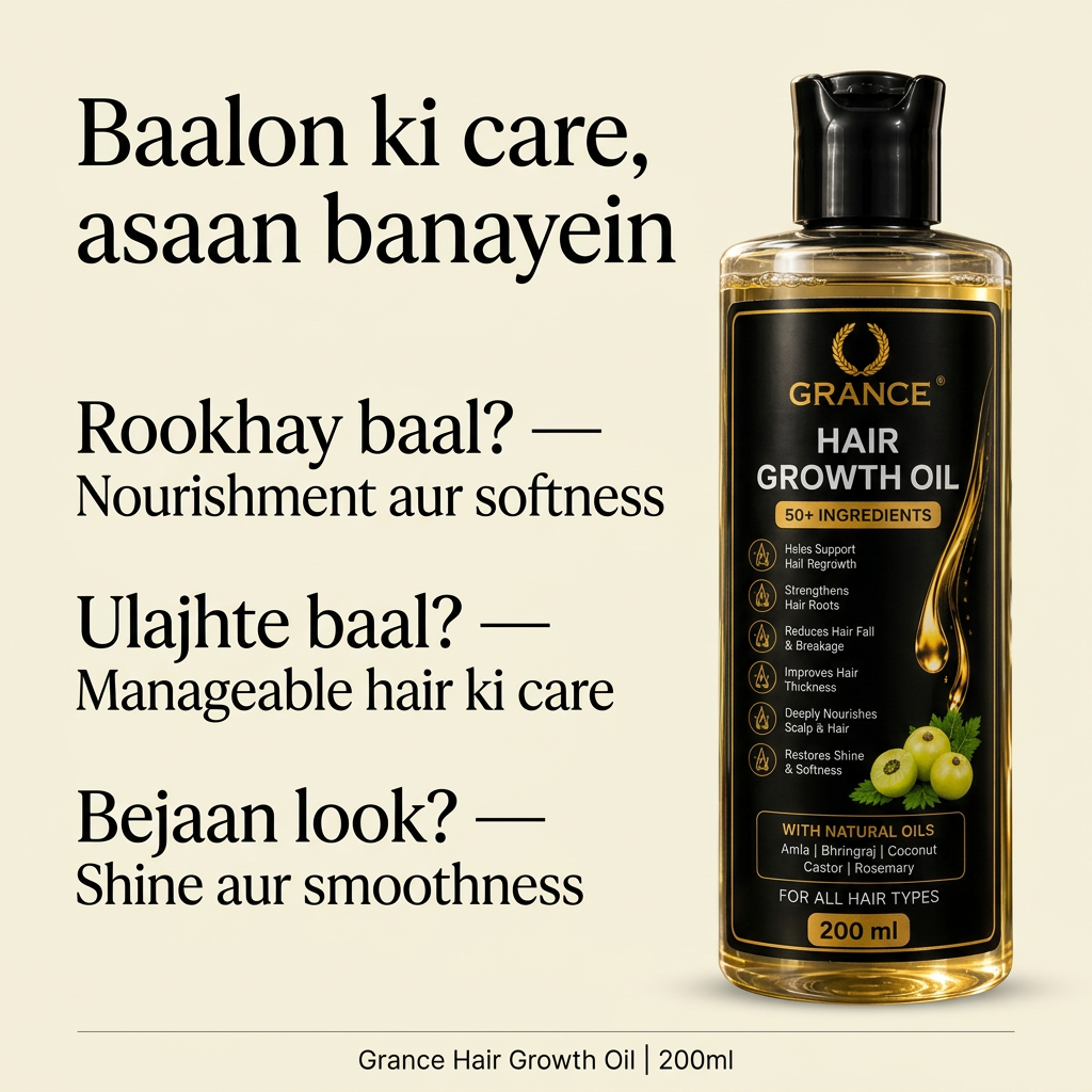 Grance Hair Growth Oil 200ml, rookhay, ulajhte aur bejaan baalon ki care ka infographic